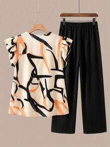 Linhara 大码夏季休闲印花V领荷叶边上衣和裤子两件套 - 杏色 - 查看 2