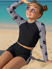 SHEIN Baddräktsset med raglanärm och fjärilstryck för tweenflickor - Svart och Vitt - Visa 2