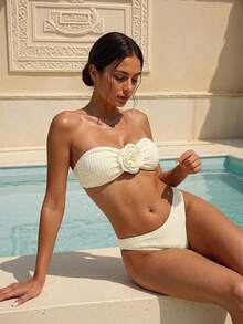 Costavie 纹理 3d 花朵露肩两件套比基尼套装，抹胸比基尼套装泳装泳衣海滩装夏季度假，夏季海滩 - 米色 - 查看 4