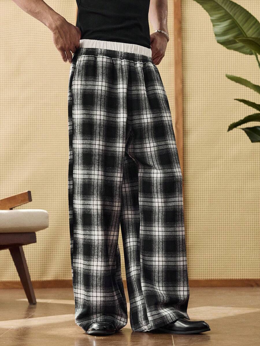 SWAVVY Quần dài nam thời trang kẻ caro ghép mảnh, kiểu dáng thường ngày, thích hợp cho mùa xuân/hè. - màu đen - Xem 1