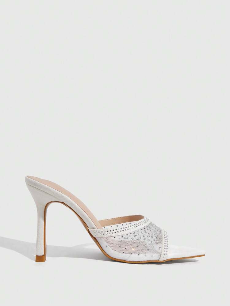 CUCCOO SZL Women's Fashion Pointed Suede Mesh Splicing Rhinestones Decorative Party/Work High Heels Sandals, Halter Elegant Stilettos