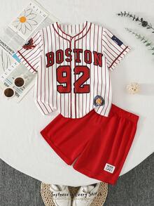 Cozy Pixies 2pcs/Set Boys Letter Print Knit Crew Neck Short Sleeve Top And Elastic Waist Shorts - Multicolor - View 8