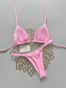 Swim Vcay 2pcs Women's Swimwear Set, Pink Bikini With Gold Heart Accent - Pink - View 2