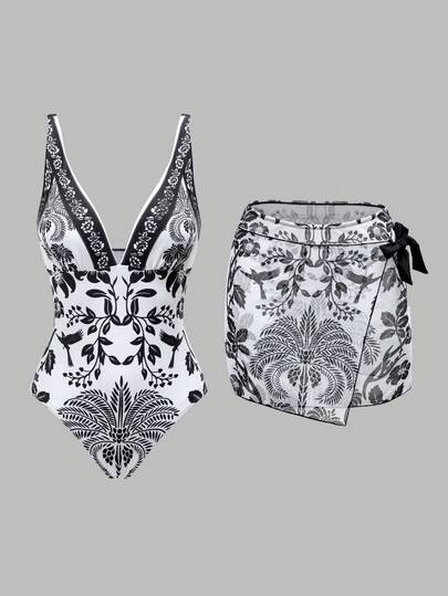 Swim Oasis Bộ đồ đi biển dành cho nữ, kiểu dáng thanh lịch, thoải mái, phong cách BOHO màu xanh dương và trắng, họa tiết cây dừa nhiệt đới và hoa lá, gồm áo tắm liền thân và áo khoác ngoài cao cấp.