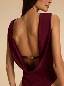 Mono de mujer de unicolor casual con espalda descubierta, decoración de cadena metálica en el cuello, adecuado para playa, vacaciones, resort, trabajo casual, viajes, salidas de ocio, mono marrón, mono elegante y sexy con espalda descubierta - Burdeos - Ver 6