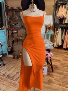 NostaNoir Women's Fashionable Solid Color Slit Dress - Orange - View 3