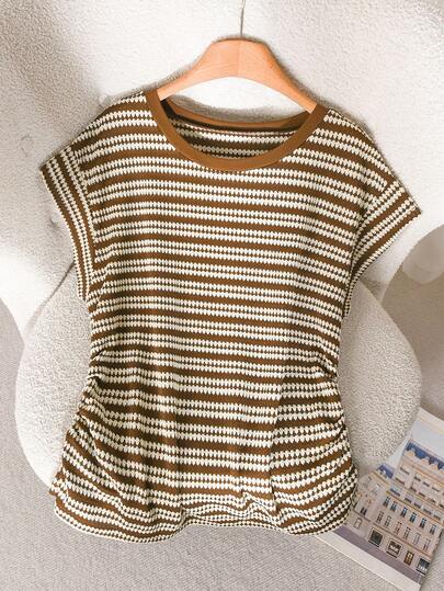 CosyJoli Plus Size Women Casual T-Shirt, Cinched Waist Striped Top, Summer Short Sleeve Blouse, Women Casual Clothing