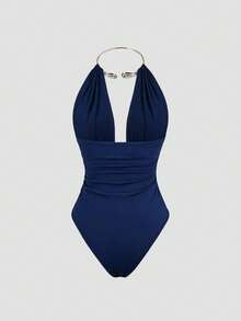 Sweetra Women's Metal Lock Necklace Choker, Suitable For Casual Vacation, Backless Bodysuit, Spring/Summer - Navy Blue - View 2