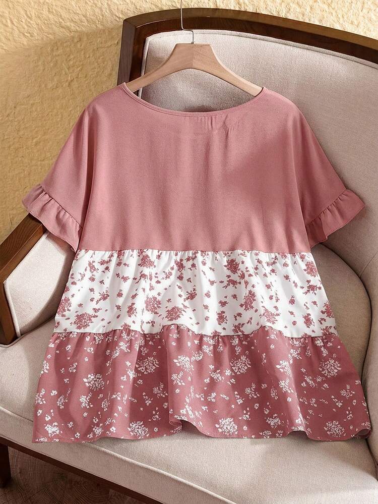 Plus Size Casual Vacation Color Block Mixed Ditsy Floral Shirt,Casual Holiday Style, Casual Holiday Outfits, Summer Fashion, Women's Summer Outfits, Mother's Day Outfits, Country Concert Outfits, Women's Boho Outfits, Women's Western Outfits, Women's Holiday Outfits, Women Summer Clothing Women Plus Clothing Business Casual Woman S Summer Clothes Women Plus Clothing Formal