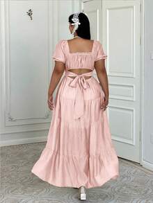 Lyrianda Plus Size French Ruffle Bow Tie Waist Spring/Summer Regular Dress Tea Party Dusty Pink Cottagecore Cute Comfy - Pink - View 2
