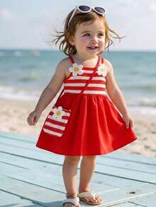 SHEIN Playful Pals 女婴夏季橙白碎花装饰无袖连衣裙，配同款迷你斜挎包，宽松裙摆，适合休闲外出、度假旅行、家庭聚会、夏季野餐等场合。 - 紅色 - 查看 7