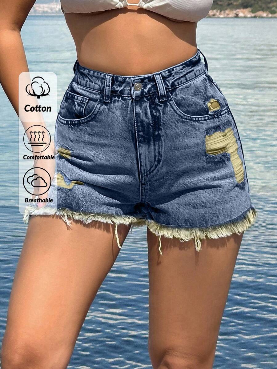 EURMUSE 100%Cotton Back Label Detailed Short With Destroy - Medium Wash - View 1
