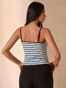 SHEIN BAE Women's Blue & Brown Contrast Trim Fitted Backless Casual Camisole Top, Basic Style, Summer, Spring Break, Beach, Outing, 2000s Inspired, Blue Top, Colorful Striped Top,Summer Top - Blue - View 2