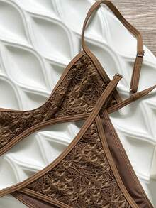 SHEIN Swim Mod Women's Jacquard Fabric Spaghetti Strap Bikini Set, Spring/Summer Bikini Sets Bikini Tanning Bikini Alt - Brown - View 7