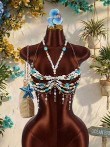 Amplova Crop Top Halter Berhiaskan Manik-Manik untuk Wanita, Model Seksi Tanpa Punggung untuk Liburan dengan Detail Rumbai - MultiWarna - View 1