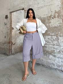 POPSWAY Elegant Fashion Design Cuffed Hem 3/4 Pants, High Waist Wide Leg Loose Slimming Versatile Casual Pants For Spring, Summer Beach Vacation Light Purple - Dusty Purple - View 5