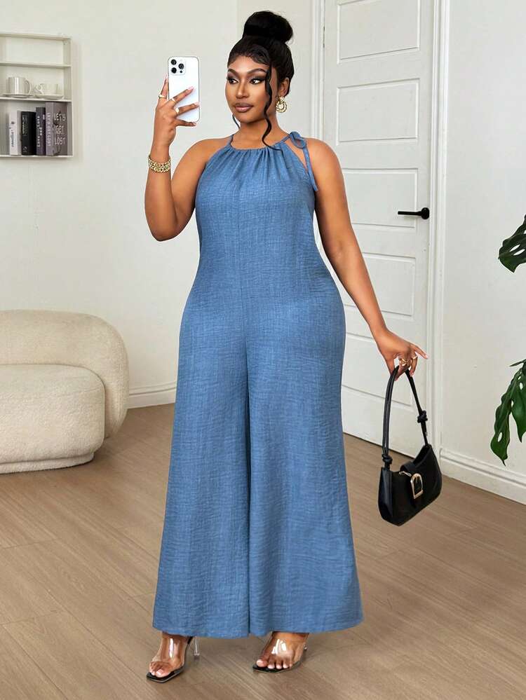 Dazy Plus Linen Spaghetti Strap Jumpsuit, Solid Color, Casual Loose Fit, Cold-Shoulder, Plus Size, Long Jumpsuit For Vacation Jumpsuit For Women