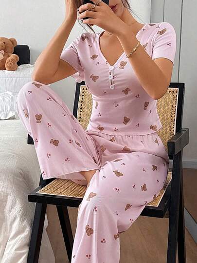 Napfluff Ice Silk Ribbed Teddy Bear & Cherry Print V-Neck Button-Down Short Sleeve Pajama Set For Women