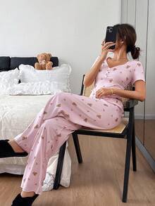 Napfluff Bộ đồ ngủ tay ngắn cổ chữ V cài cúc, chất liệu lụa băng, in hình gấu bông và quả anh đào dành cho nữ. - Hồng - Xem 4