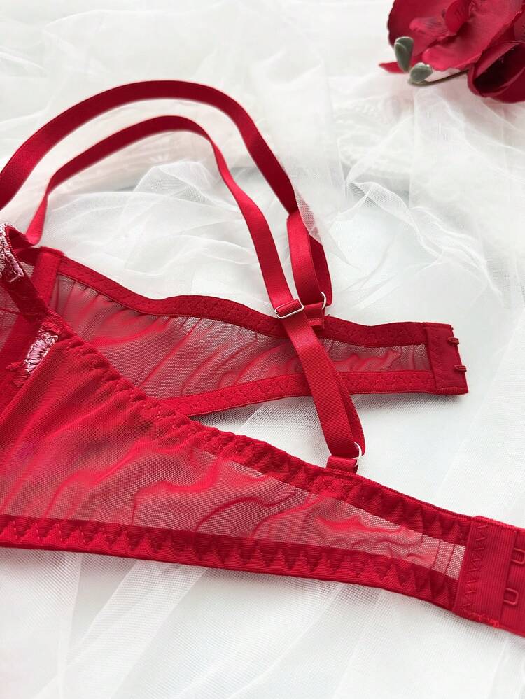SHEIN 2 piezas Conjunto de lencería romántica bordada - Rojo - Añade 5
