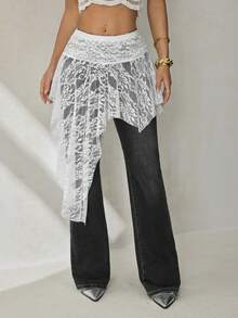 SHEIN PETITE Women's Summer Vacation Lace Asymmetric Hem Skirt - White - View 5