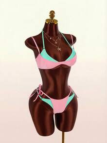 Amplova 女士泳装套装，两件套，品红色和黄色撞色设计，性感前卫，适合海滩度假 - 彩色 - 查看 3