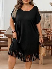 SHEIN CURVE+ 大码女式流苏下摆T恤裙，夏季海滩度假风，波西米亚风 - 黑色 - 查看 3