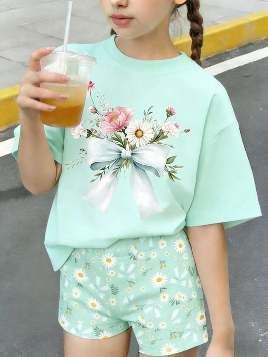 一套少女休闲舒适印花短袖T恤和短裤套装,甜美乡村风格,适合春夏外出,浅绿色清新夏装 - 彩色 - 查看 1