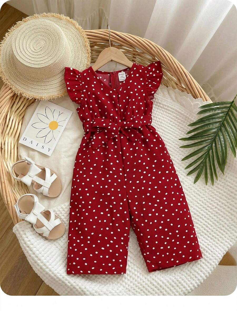 SHEIN Baby Girl Polka Dot Ruffle Sleeve Belted Jumpsuit - Burgundy - View 1