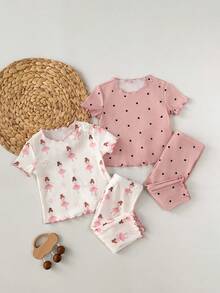 SHEIN Newborn Baby Girl 4pcs/Set Casual Ditsy Floral Ruffle Trim Round Neck Short Sleeve Top And Long Pants Knit Rib Pajamas Set, Summer Print - Pink - View 8
