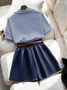 GlowEve CURVE Plus Size Striped Turndown Collar Short Sleeve Shirt & Pleated Loose Wide Leg Shorts 2 Pieces Set, Casual Everyday Outfit - Multicolor - View 2
