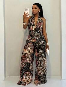 BamGleam Women's Vintage All-Over Print Halter Top And Pants 2 Pieces Set, Summer - Black - View 3