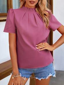 Pariaura Blusa casual de mujer de manga corta con cuello mao, plisada y de unicolor - Morado - Ver 5