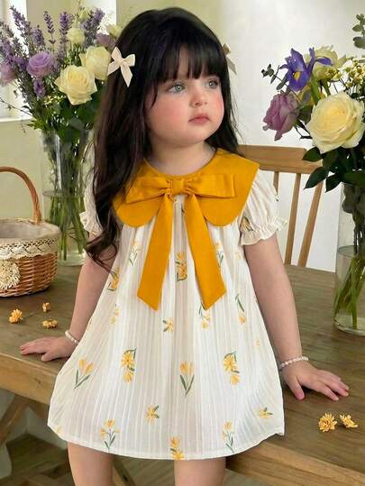 LMoss Kids Baby Girl Elegant & Cute Summer Patchwork Floral Pattern Yellow Bow Collar Loose Dress