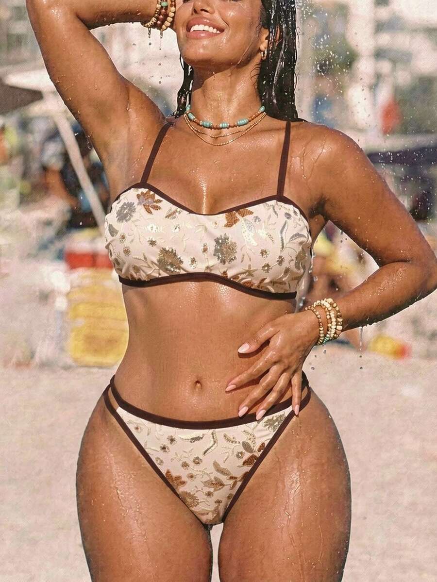 Swim SXY 2026 New Summer Beach Vacation Sequin Contrast Color Sexy Bikini Set, Suitable For Beach And Vacation, Plus Size Swimwear Set - Multicolor - View 1