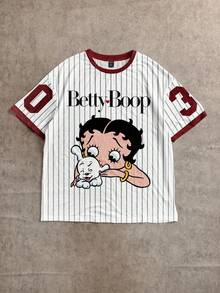 Attitoon Betty Boop x SHEIN Betty联名款休闲简约圆领短袖条纹世界杯图案英文字母宽松T恤，女款，时尚，Y2K风格 - 彩色 - 查看 9