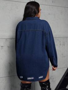 Jeanoix 大码女式单排扣做旧设计休闲百搭日常牛仔外套 - 深色水洗藍 - 查看 2