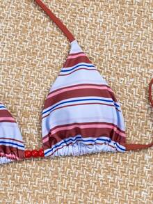 Swim Mod 性感条纹印花挂脖系带比基尼套装，女士春夏泳装 - 彩色 - 查看 7