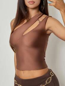 INAWLY Solva Women's Sexy Solid Color Hollow Out One Shoulder Top, Summer - Coffee Brown - View 5
