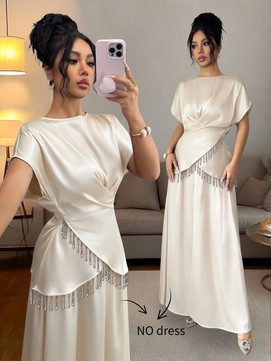 Rafferiza 女士优雅流苏交叉缎面短袖衬衫 - 杏色 - 查看 1