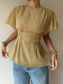 Women's Flounce Sleeve Round Neck Cinched Waist Blouse, Spring New Arrival Pleated Top Babydoll Tops Woman Women Tops Elegant Cinched Waist Top Cream Tops For Women,Summer Top - Apricot - View 3
