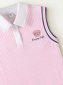 SHEIN Casuvi Kids 少女条纹polo领连衣裙，可爱小熊刺绣，休闲无袖夏季连衣裙，适合上学、户外活动、旅行和日常穿着。 - 粉色 - 查看 7