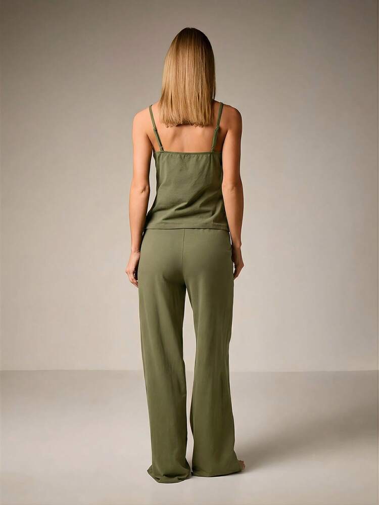 AiiRZ Ensemble de pyjama en satin avec débardeur à bordure en dentelle et pantalon large pour un vêtement de nuit et de détente confortable