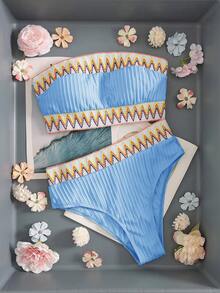 Swim Vcay Conjunto de bikini de verano para mujer con top bandeau de patchwork y Bottom triangular - Azul - Ver 4