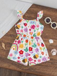 SHEIN Baby Girl Summer Beach Vacation Cute Cartoon Bee & Floral Print Ruffle Armhole Romper - White - View 3