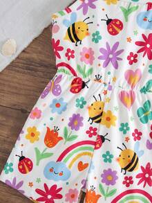 SHEIN Baby Girl Summer Beach Vacation Cute Cartoon Bee & Floral Print Ruffle Armhole Romper - White - View 5