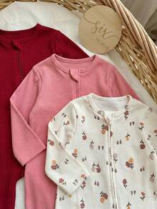 SHEIN 3件套新生女宝宝可爱休闲针织碎花弹力连体衣 - 彩色 - 查看 6