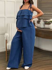 Conjunto de 2 piezas de maternidad con top de tirantes con volantes y pantalones anchos de pierna larga con cintura ajustable, estilo vacacional casual - Azul - Ver 10