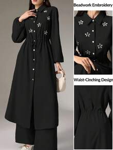 Modelyn Set de camisa y pantalones elegantes con decoración de rhinestones para uso diario - Negro - Ver 2