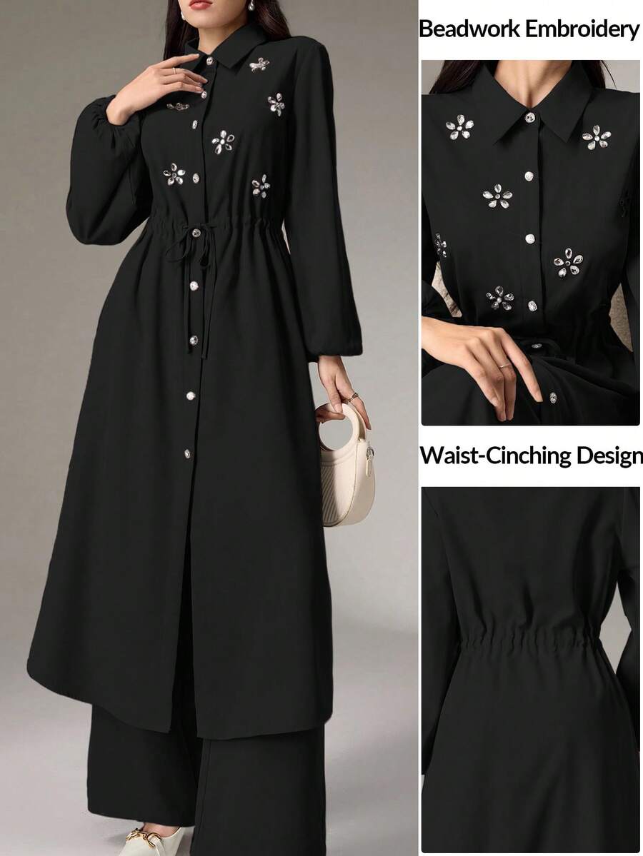 Modelyn Set de camisa y pantalones elegantes con decoración de rhinestones para uso diario